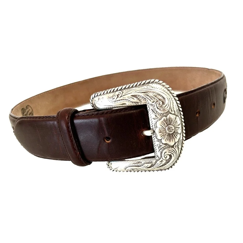 Brighton Americana Embroidered Leather Belt 28 Silver Tone Large Etch Buckle EUC